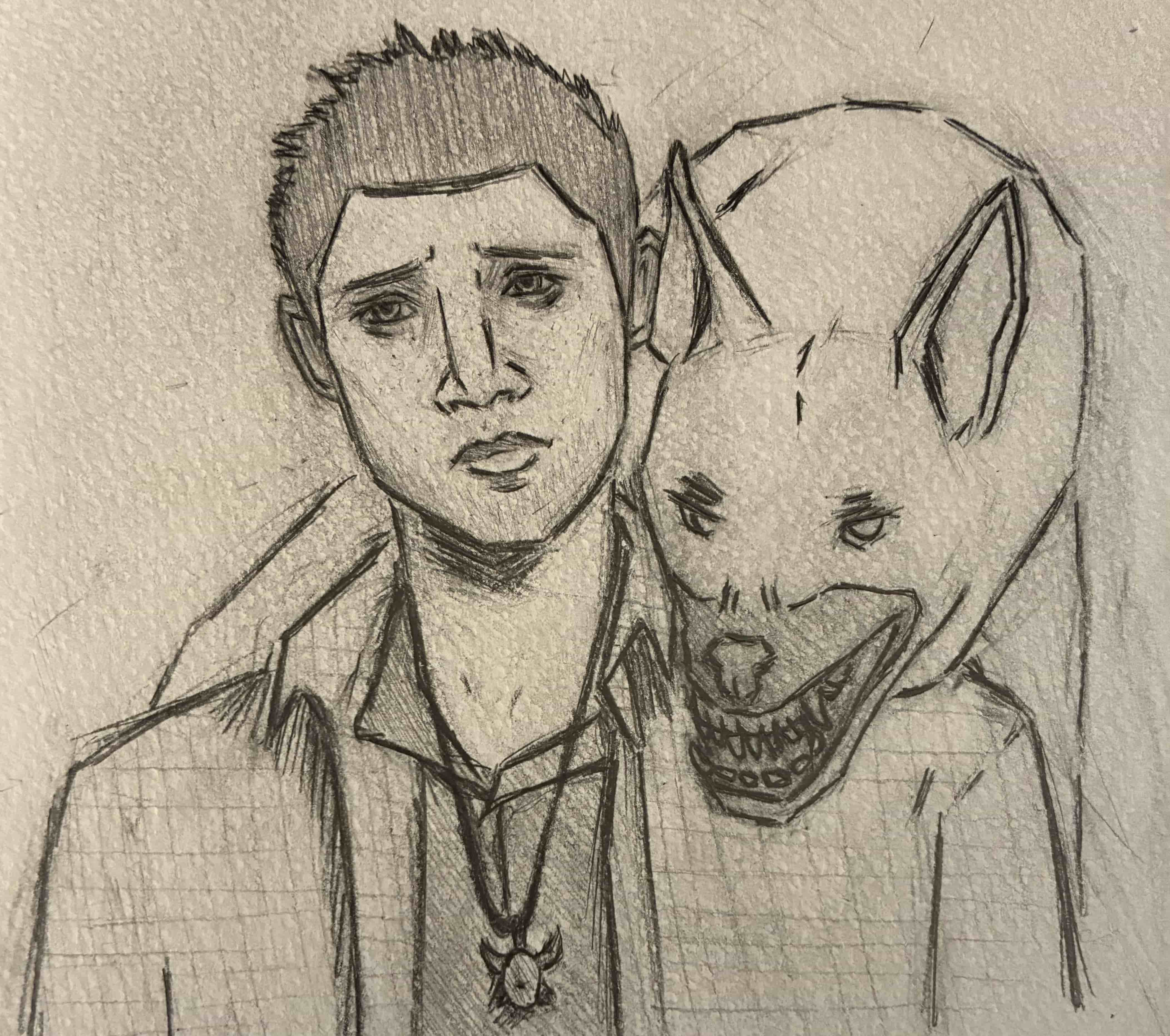 messy pencil sketch of a sad looking dean winchester. a dog with its teeth bared leans over his shoulder